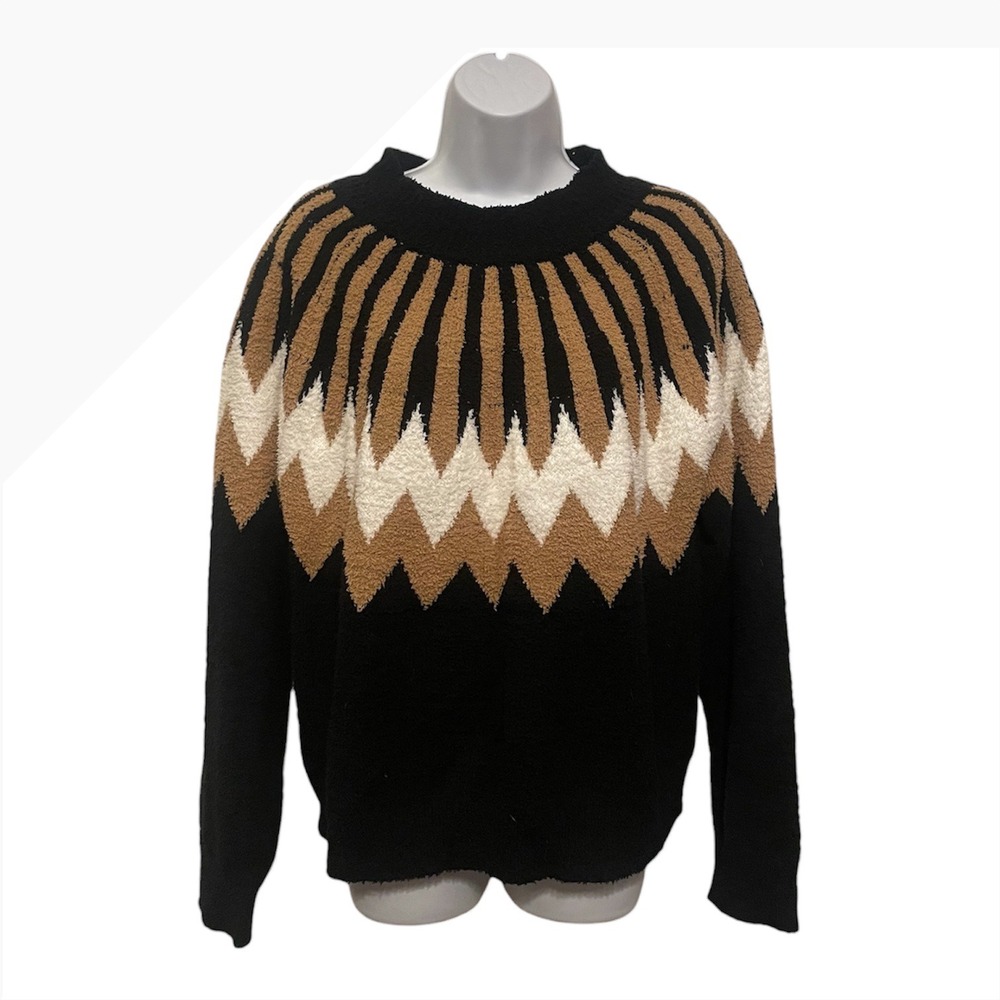CEZELE Black Camel White Geometric Sunburst Knit Fuzzy Sweater‎ Women